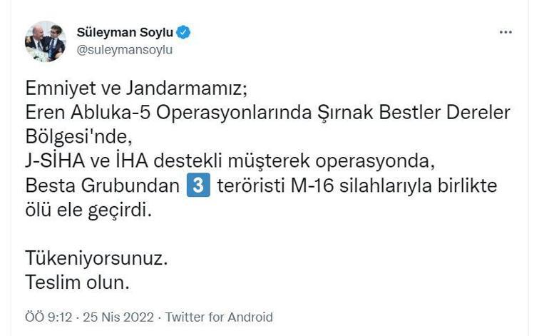 Bakan Soylu: Şırnakta 3 terörist etkisiz hale getirildi