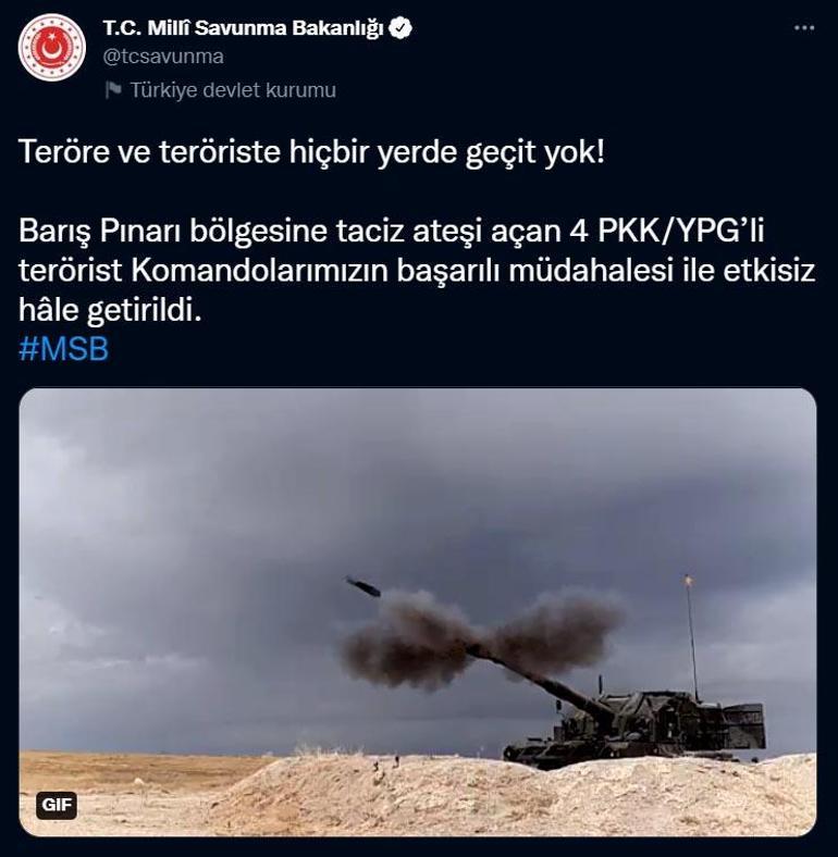 Barış Pınarı bölgesine taciz ateşi açan 4 terörist etkisiz hale getirildi