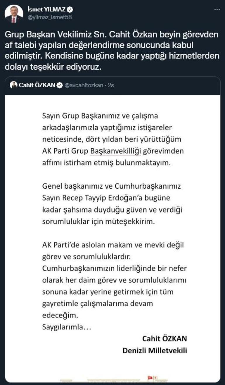 AK Parti Grup Başkanvekili Özkan, görevden affını istedi
