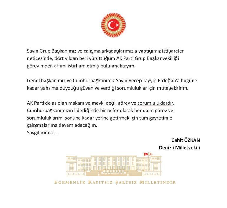 AK Parti Grup Başkanvekili Özkan, görevden affını istedi