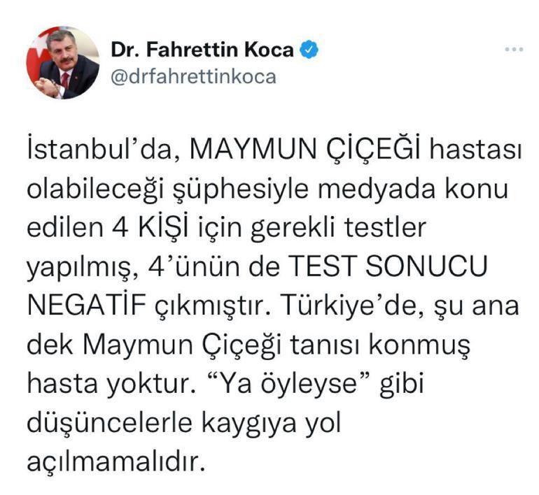 Bakan Koca: İstanbulda Maymun Çiçeği şüphesiyle testleri yapılan 4 kişinin test sonucu negatif