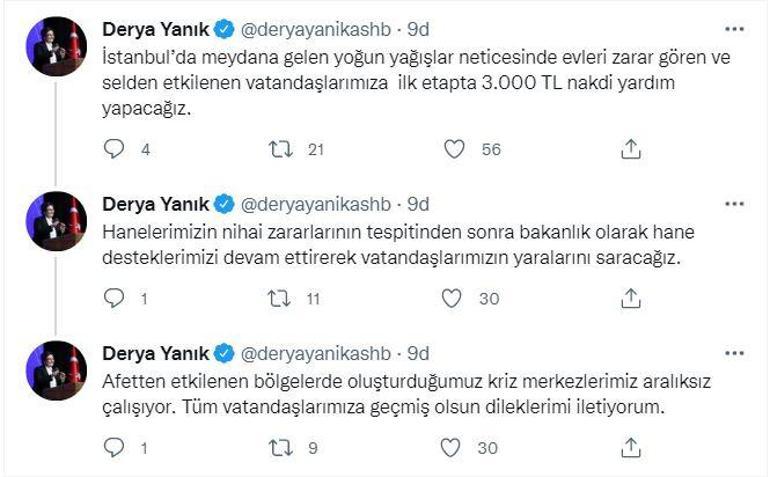 Bakan Yanık: İstanbulda selden etkilenenlere 3 bin TL nakdi yardım yapacağız