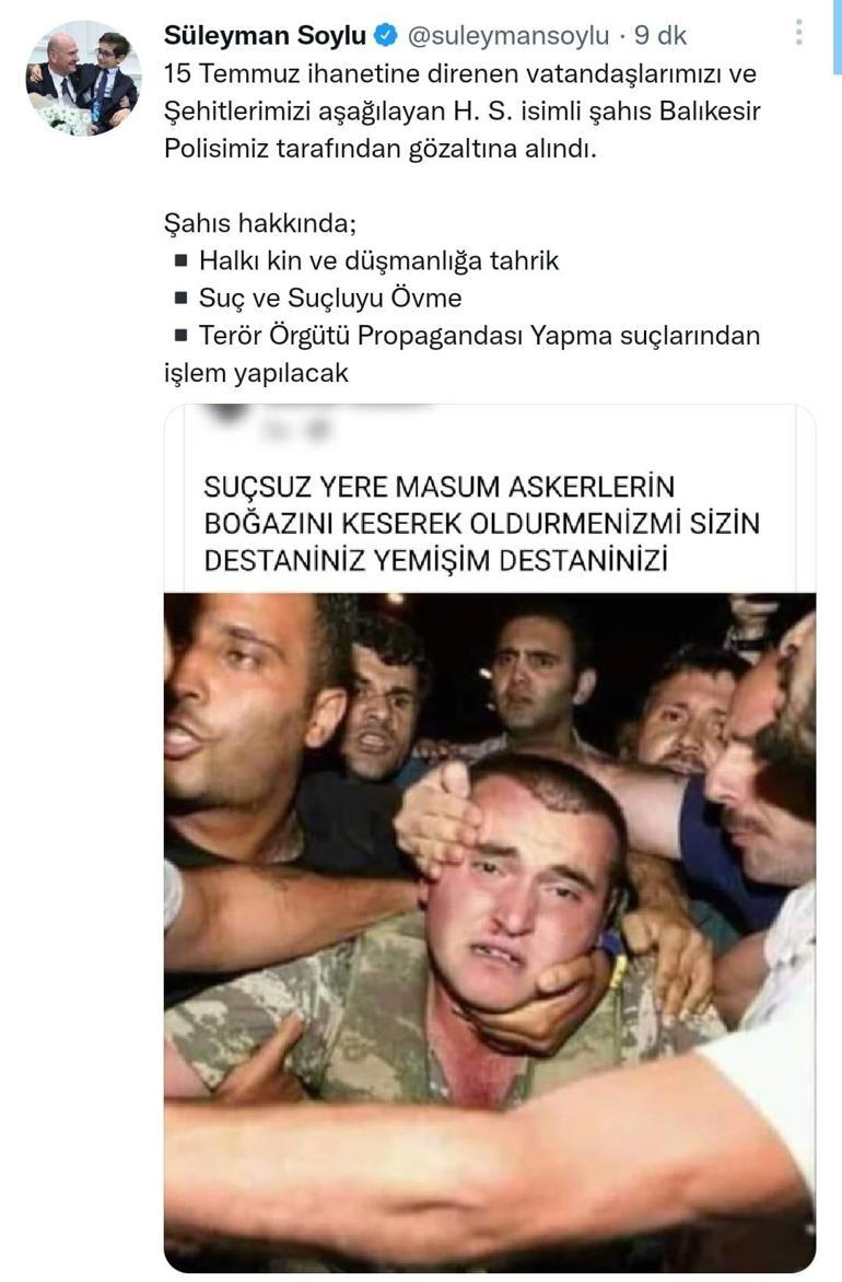 Bakan Soylu: 15 Temmuz şehitlerini aşağılayan şahıs gözaltına alındı