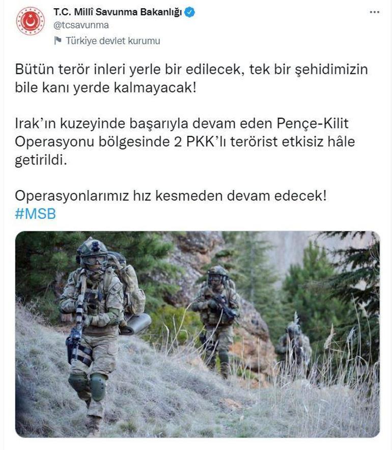 MSB: Pençe- Kilit bölgesinde 2 terörist etkisiz hale getirildi