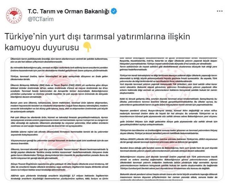 Tarım ve Orman Bakanlığı: Türkiye Cumhuriyeti Devleti adına yurt dışında arazi kiralanması söz konusu değildir