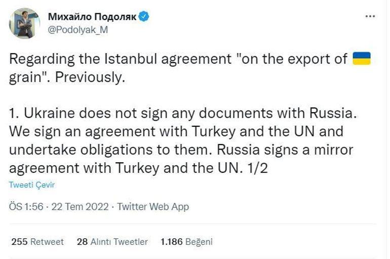 Zelenski’nin Danışmanı Podolyak: Biz, Türkiye ve BM ile anlaşma imzalayacağız