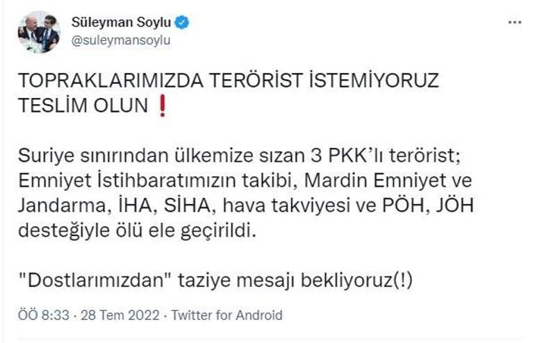 İçişleri: Mardinde 3 terörist etkisiz hale getirildi