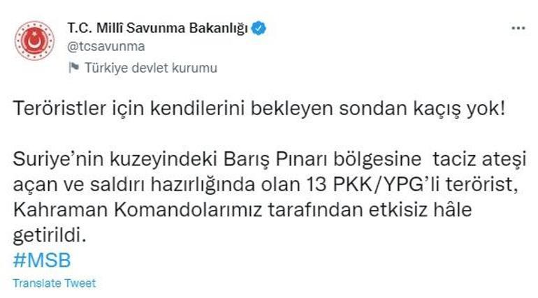 MSB: 13 PKK/YPGli terörist etkisiz hale getirildi