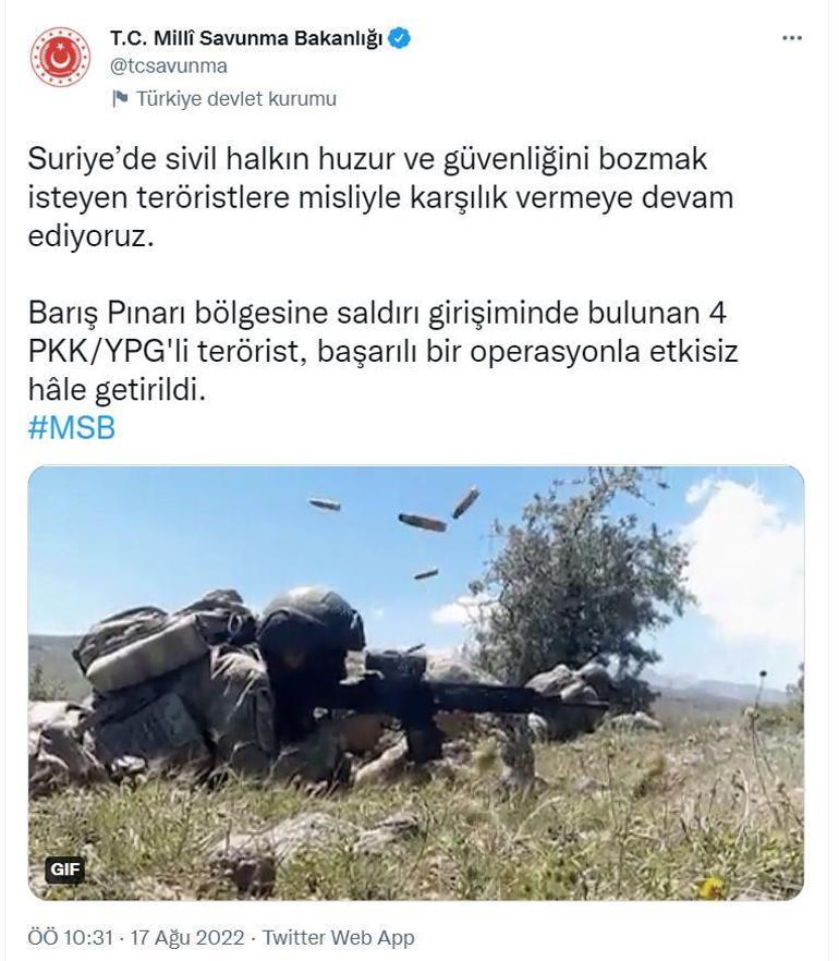 MSB: PKK/YPGli 4 terörist etkisiz hale getirildi