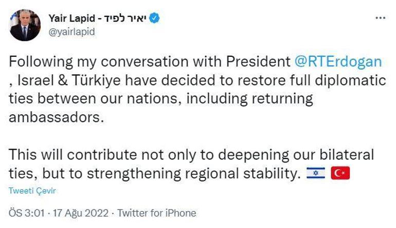 İsrail Cumhurbaşkanından karşılıklı büyükelçi atama açıklaması