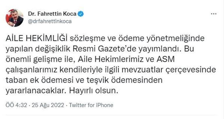 Aile hekimliği sözleşme ve ödeme yönetmeliğinde değişiklik Resmi Gazetede yayımlandı