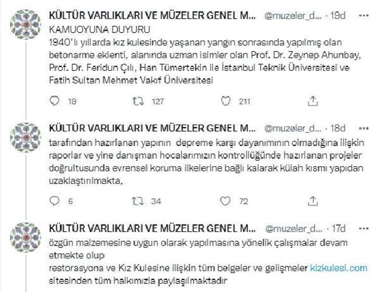 Kültür Varlıkları ve Müzeler Genel Müdürlüğünden Kız Kulesi açıklaması