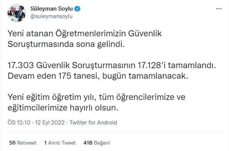 Bakan Soylu: 17 bin 128 öğretmenin güvenlik soruşturması tamamlandı