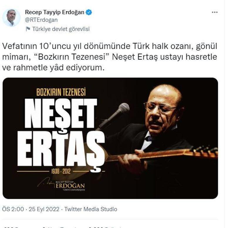 Cumhurbaşkanı Erdoğandan Neşet Ertaş için anma mesajı