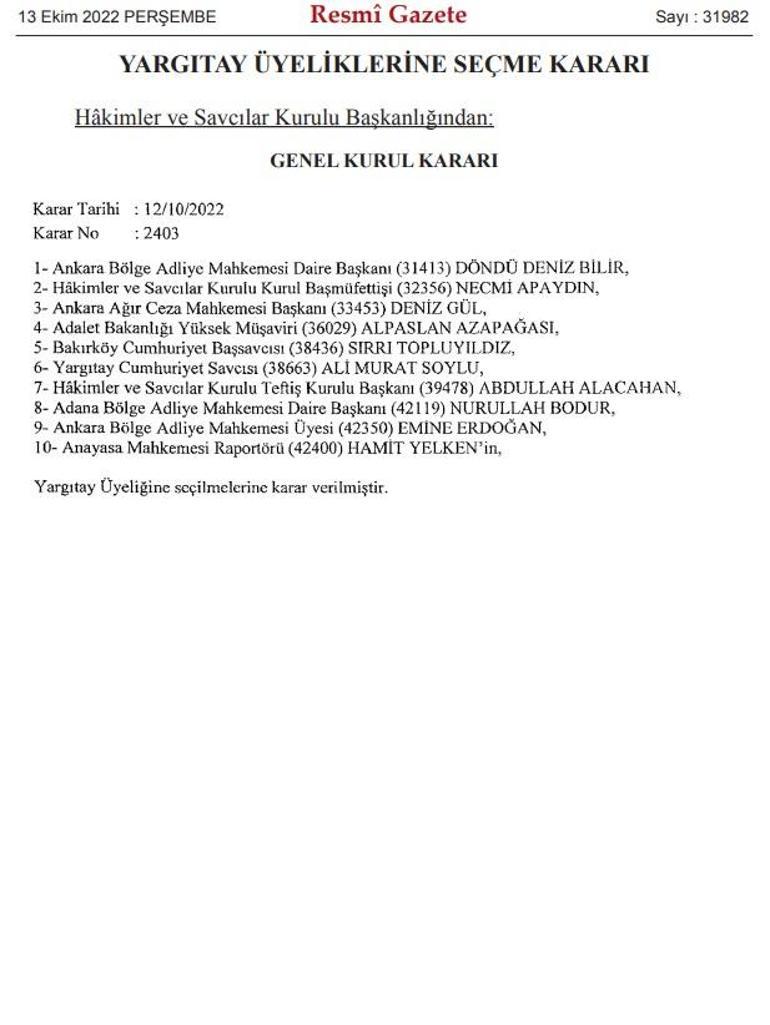 Yargıtay üyeliklerine seçilen yeni isimler Resmi Gazetede yayımlandı