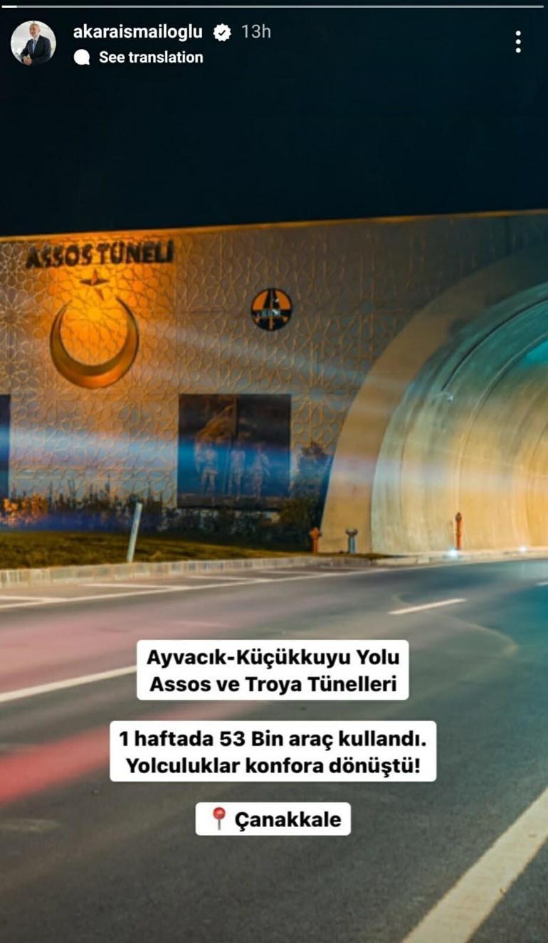 Bakan Karaismailoğlu: Assos ve Troya tünellerinden 1 haftada 53 bin araç geçti