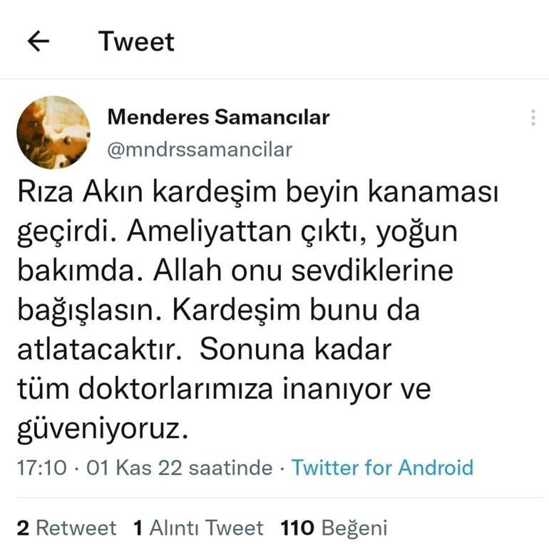 Ünlü oyuncu Rıza Akın, beyin kanaması geçirdi