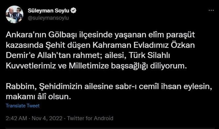 Bakan Soyludan şehit Astsubay Özkan Demir için taziye mesajı