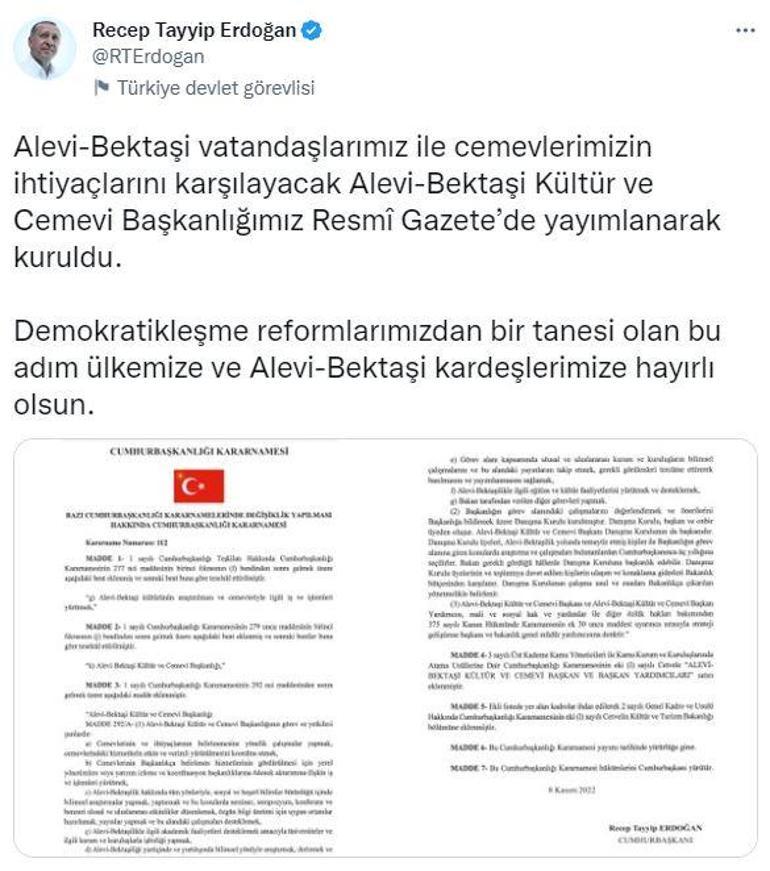 Cumhurbaşkanı Erdoğan: Alevi- Bektaşi Kültür ve Cemevi Başkanlığı ülkemize hayırlı olsun