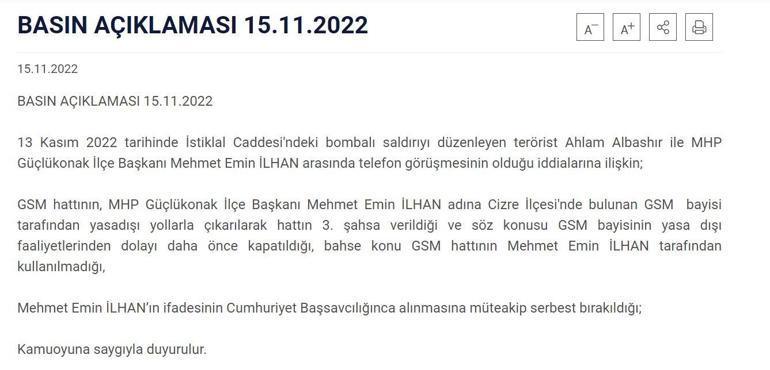 Şırnak Valiliği’nden Taksim bombacısının MHPli İlhanla telefon görüşmesi iddialarına açıklama