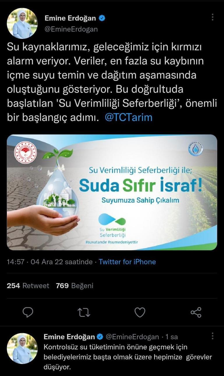 Emine Erdoğandan 4 Aralık Dünya Su Kayıpları Günü paylaşımı