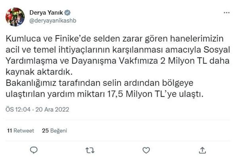 Bakan Yanık: Antalyaya ulaştırılan yardım miktarı 17,5 milyon TL oldu