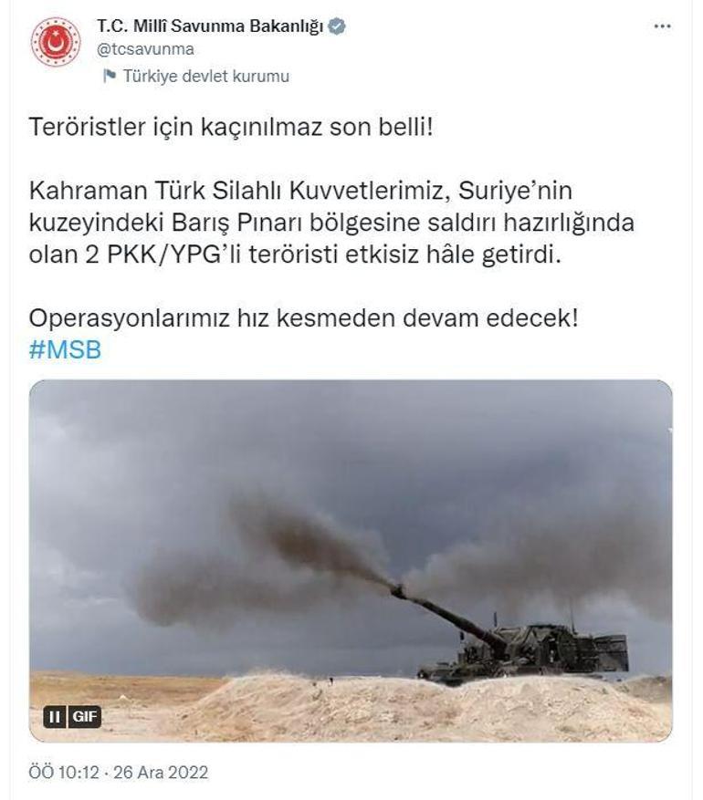 MSB: Saldırı hazırlığındaki 2 terörist etkisiz hale getirildi