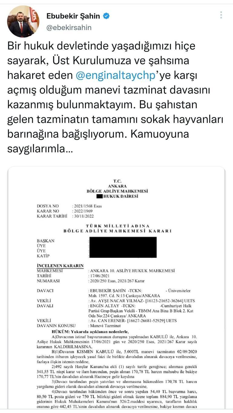 RTÜK Başkanı Şahin, CHPli Altaya karşı açtığı tazminat davasını kazandı