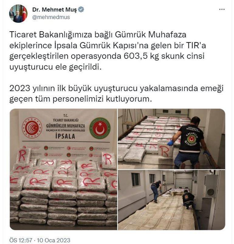 Bakan Muş: İpsalada 603 kilo 500 gram uyuşturucu ele geçirildi