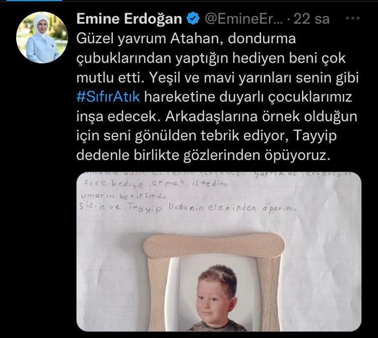 Atahan, dondurma çubuklarından yaptığı resim çerçevesini Emine Erdoğan’a gönderdi
