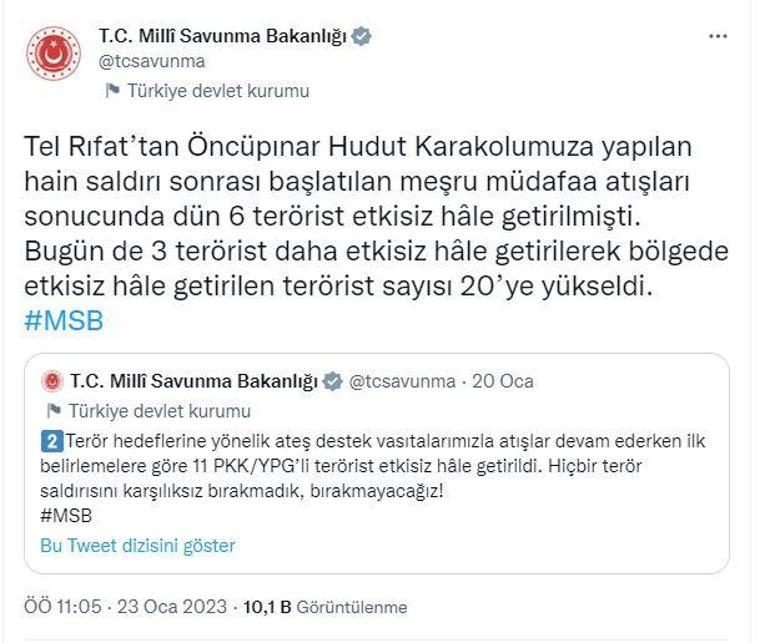 MSB: PKK/YPGli 20 terörist etkisiz hale getirildi