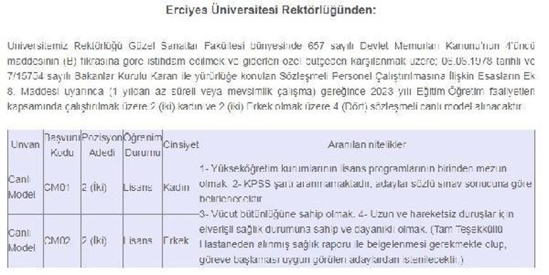 ERÜ Güzel Sanatlar Fakültesine 4 canlı model alınacak