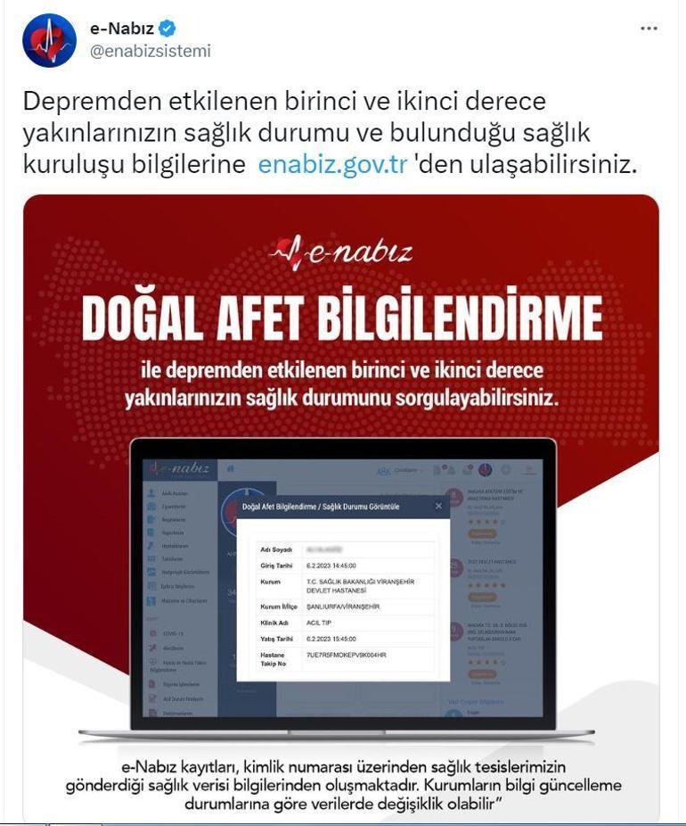 Depremzedelerin yakınları, e-Nabızdan bilgi alabilecek