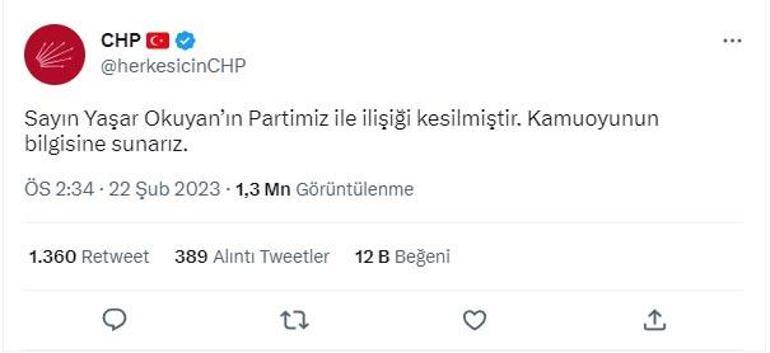 CHP: Yaşar Okuyanın partiyle ilişiği kesildi