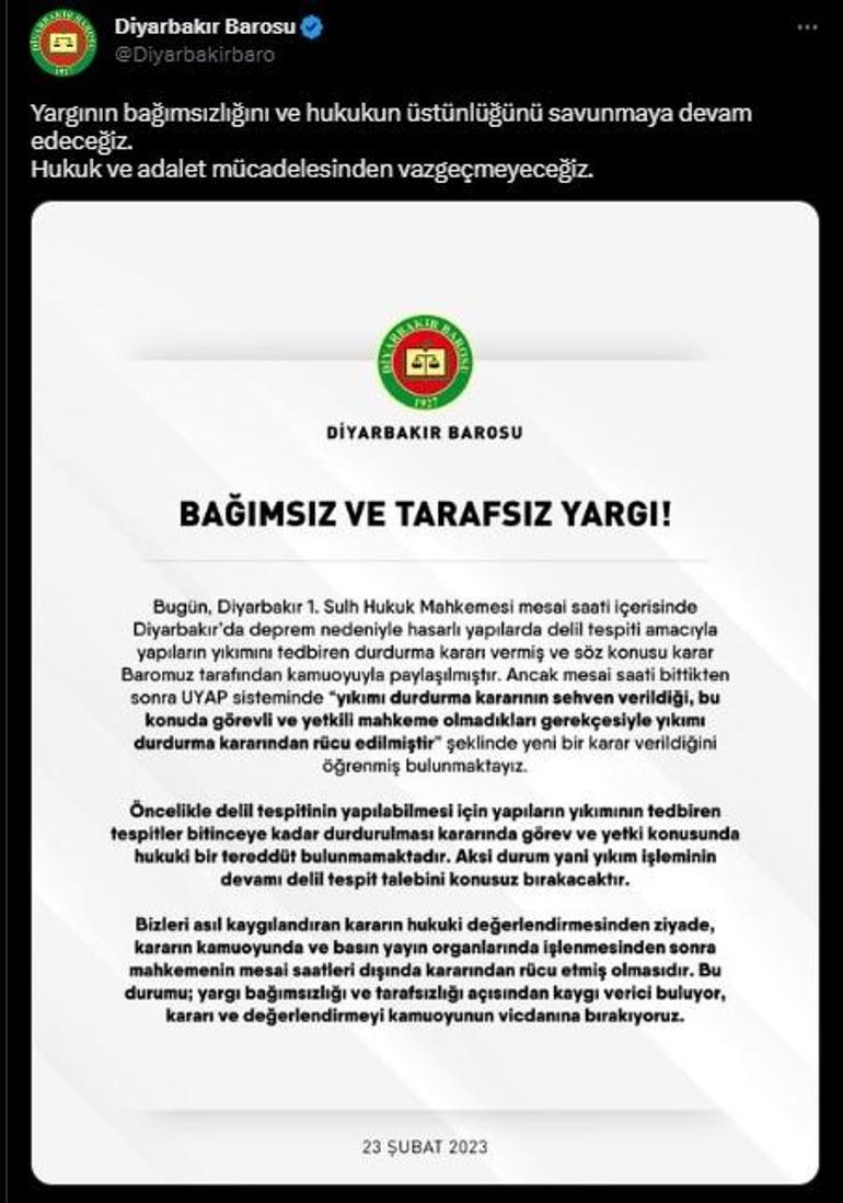 Diyarbakır’da hasarlı yapıların yıkım işlemlerinin durdurulmasına karar verildi