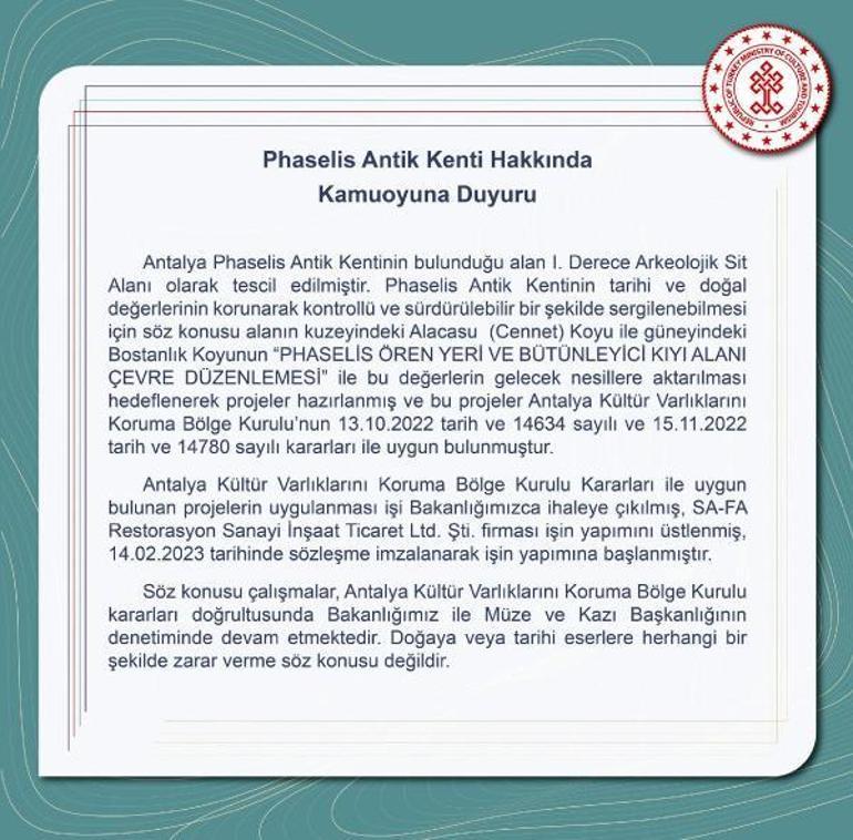 Çevrecilerin tepki gösterdiği Phaselisteki çalışmalar için bakanlıktan Doğaya zarar verilmeyecek açıklaması