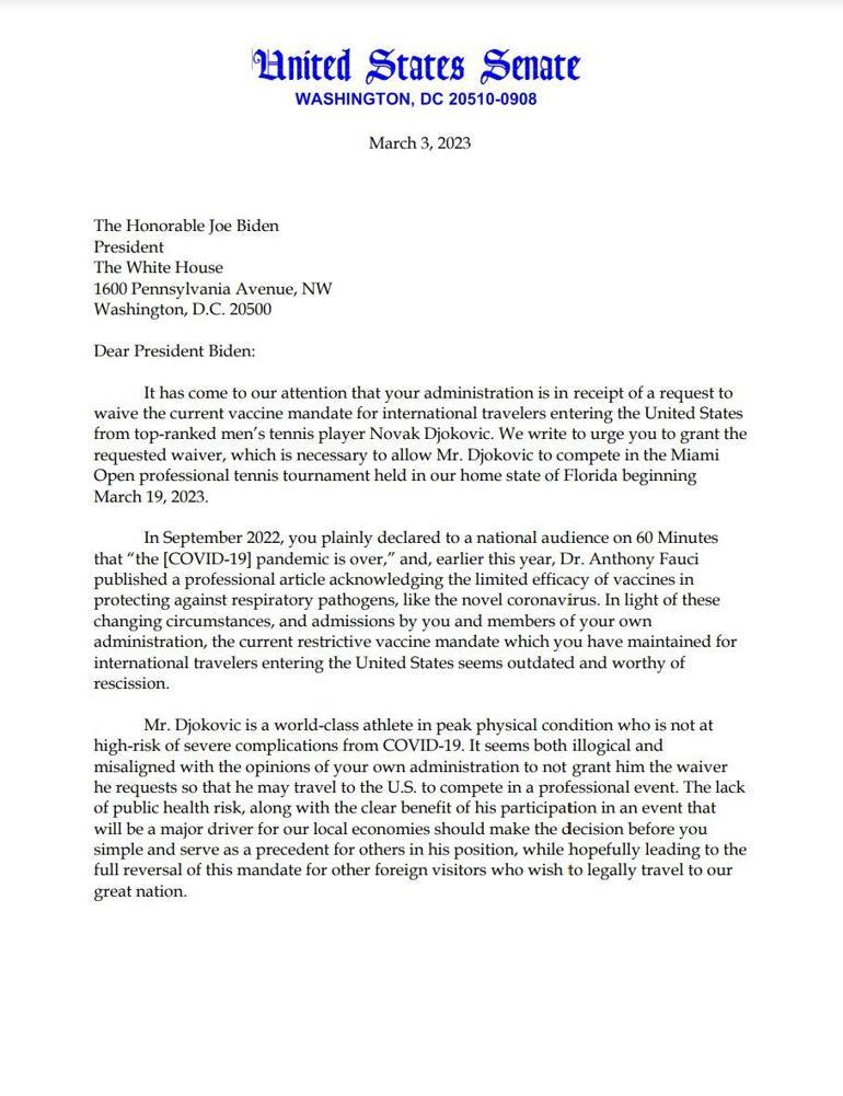 Djokovic’in ABD’ye girişte aşıdan muaf tutulması için Biden’a mektup yazıldı