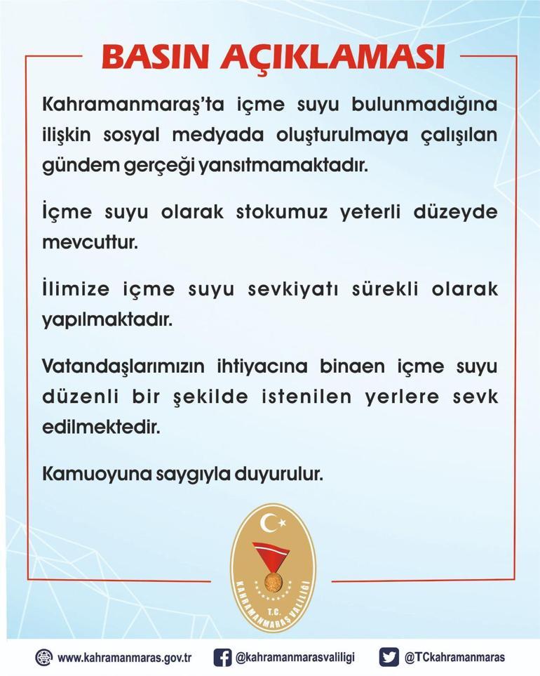 Kahramanmaraş Valiliği: İçme suyu stokumuz yeterli düzeyde mevcuttur