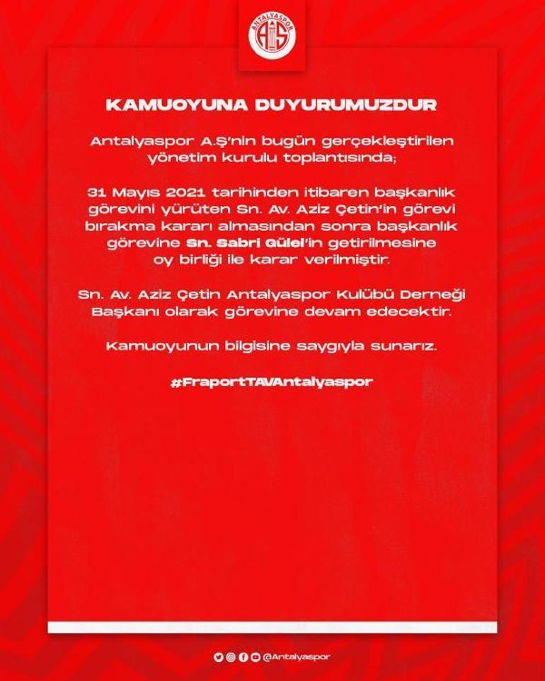 Antalyasporun yeni başkanı Sabri Gülel oldu