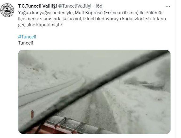 Kar ve tipi nedeniyle Tunceli- Erzincan karayolu zincirsiz TIR geçişlerine kapatıldı