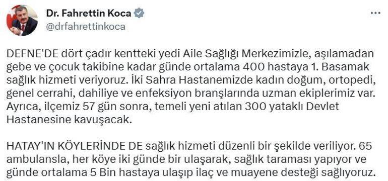 Bakan Koca: Defne, 57 gün sonra 300 yataklı devlet hastanesine kavuşacak