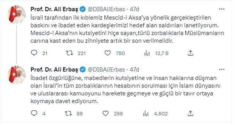 Ali Erbaş: Mescid-i Aksaya gerçekleştirilen baskını lanetliyorum