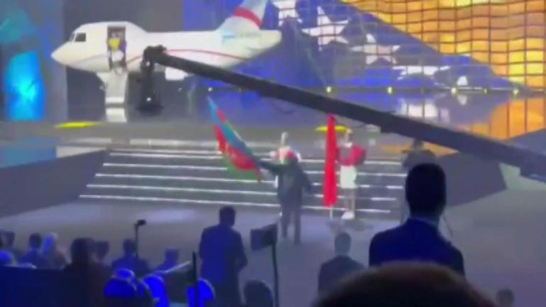 Azerbaijan flag burned at the opening of the European Weightlifting Championships in Yerevan