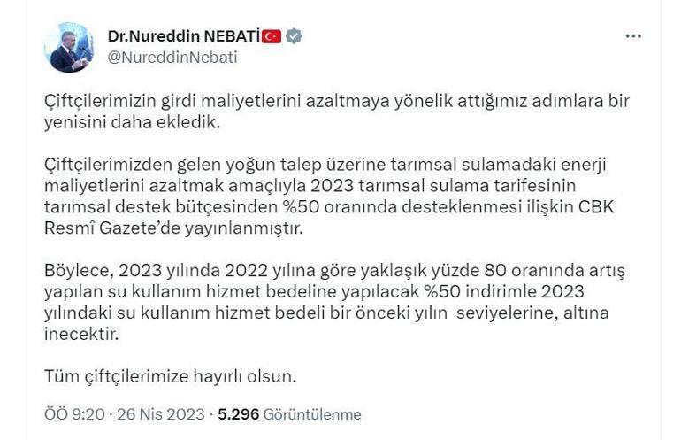 Bakan Nebati: Çiftçilerin su kullanım hizmet bedeli önceki yıl seviyelerine inecek