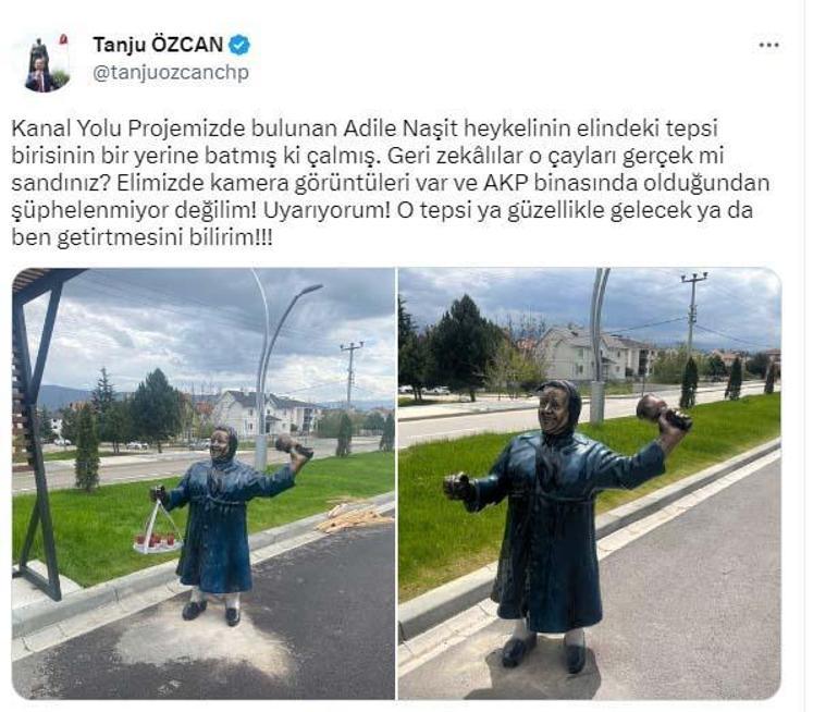 Başkanın çalındı dediği Adile Naşit heykelindeki tepsi, tamirat için belediyeye götürülmüş