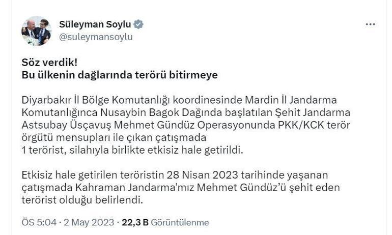 Bakan Soylu: Astsubay Gündüzü şehit eden terörist etkisiz hale getirildi