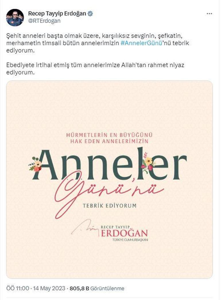 Cumhurbaşkanı Erdoğan ile eşinden Anneler Günü mesajı