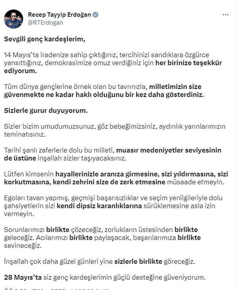 Cumhurbaşkanı Erdoğan: 28 Mayısta genç kardeşlerimin güçlü desteğine güveniyorum