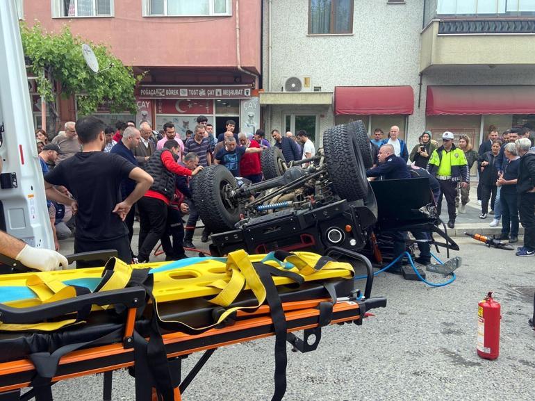 Ters dönen off-road aracında sıkışan sürücüyü itfaiye kurtardı