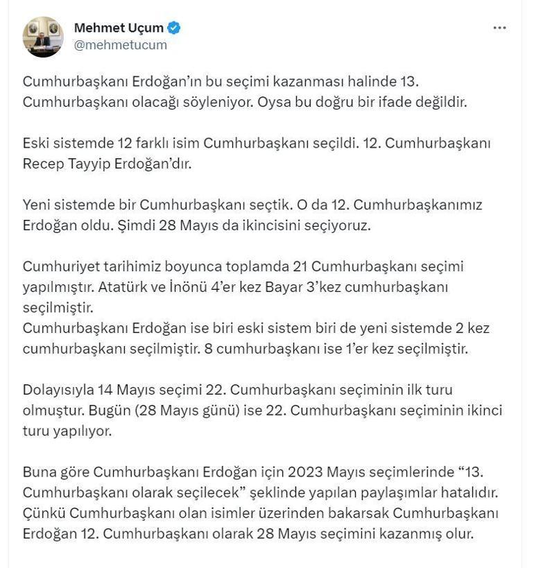 Uçum: Erdoğan için 13üncü Cumhurbaşkanı olarak seçilecek paylaşımları hatalıdır